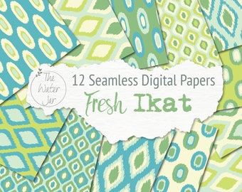 Verse digitale papierontwerpen Ikat, naadloos blauwgroen Ikat-patroonpakket, Ikat-scrapbookpapierpakket, lenteontwerpen commercieel gebruik,