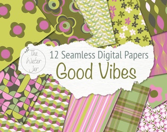 Bohemian Retro Flower Power Digital Paper Pack, 60s70s Seamless Patterns, Instant Download, Floral Vintage Designs