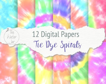 Tie Dye Digital Paper Pack, Spiral Designs, Psychedelic 60's Retro Tie Dye Phone Backgrounds, Dollhouse Wallpaper, Tie Dye Zoom Background