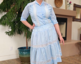 Vintage 1950s Ensemble: Light Blue Blouse & Skirt Set, White Ribbon Detail, Size Medium, with Comfortable Stretch Waistband