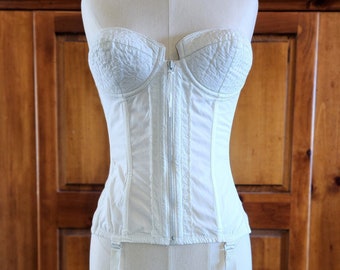 Vintage Peter Pan Hidden Treasure White Bustier Corset with Padded Bust, Front Zipper, and Garter Straps