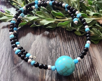 Handmade Beaded Memory Wire Bracelet with Turquoise, Black, and Silver Beads