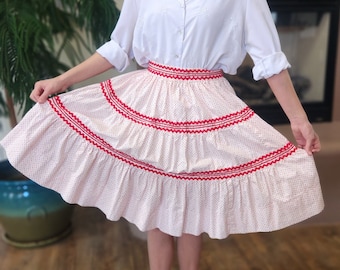 1950s Vintage White Retro Western Patio Style Circle Skirt for Tween/Teen Girls with Pink & Gold Polka Dots, Red Rick Rack Ribbon Accents