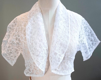 1950's Vintage Sheer White Lace Bolero Shrug - Cropped Short Sleeved-Medium & Large Sizes Available