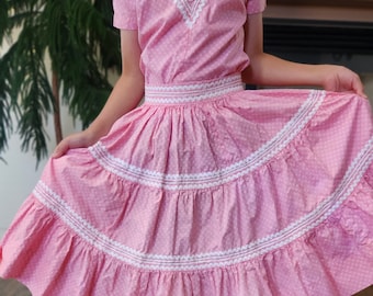 1950s Vintage Girls/Tween Pink Retro Western Blouse & Skirt Set with Collared Neckline, Short Sleeves, White Rick Rack Accents, Circle Skirt