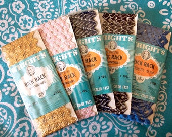 1950's Vintage Wright's Rick Rack Ribbon 5-Pack Set in Original Packaging - Gold, Seal Brown, Silver, Blue, Navy, Pink-Retro Craft Accents