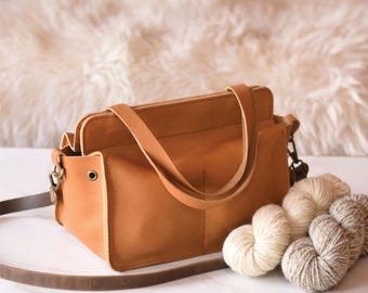 Leather Yarn Caddy Tote | Knitting Project Bag | Yarn Organizer Gift for Mom from Daughter