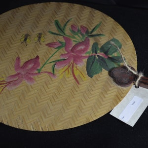 Vintage Painted woven fan with Wood Handle
