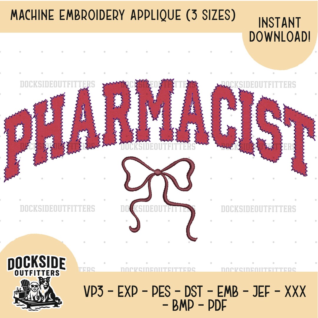 Pharmacist Bow Applique Embroidery Design, RX Stitch File (digital ...