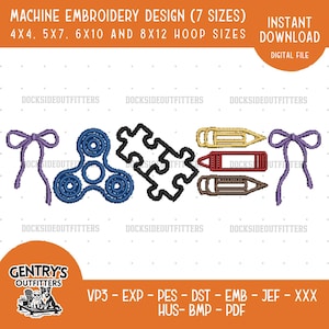 May include: A digital machine embroidery design file featuring a blue fidget spinner, a black puzzle piece, three colored pencils in yellow, red, and brown, and two purple bows. Text includes MACHINE EMBROIDERY DESIGN (7 SIZES) and file formats.