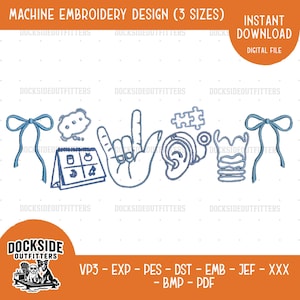 Peut inclure: Motif de broderie machine avec des dessins bleus d'une main faisant le signe "Je t'aime", un calendrier, une bulle de dialogue, un morceau de puzzle, une oreille et un verre. Comprend le texte "Téléchargement instantané".
