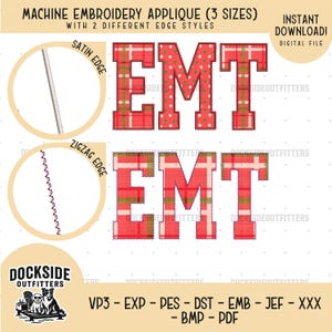 Pode incluir: Design de aplicação de bordado à máquina com as letras "EMT" num padrão xadrez vermelho. O design inclui dois estilos de borda: cetim e ziguezague. A imagem também inclui o texto "Download instantâneo!" e "Ficheiro digital."