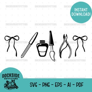May include: Black and white line art of nail art tools, including a nail file, polish bottle, brush, clippers, and bows. The image includes the text "Instant Download!" and "SVG - PNG - EPS - AI - PDF".