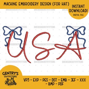 USA Bow Hat Embroidery File, Patriotic Machine Stitch Pattern, 4 Inch Cap Design, Instant Download