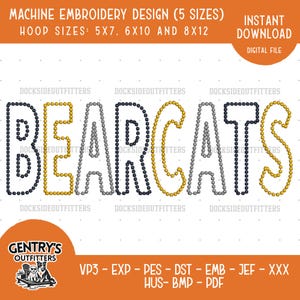 May include: A digital machine embroidery design featuring the word BEARCATS in a beaded style with alternating black, gold, and silver colors. The text includes hoop sizes 5x7, 6x10, and 8x12, with file formats VP3, EXP, PES, DST, EMB, JEF, XXX, HUS, BMP, and PDF.
