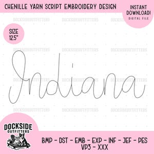 Indiana Chenille Yarn Script Embroidery Font, 12.5 Inches, Machine Embroidery Text, Instant Download