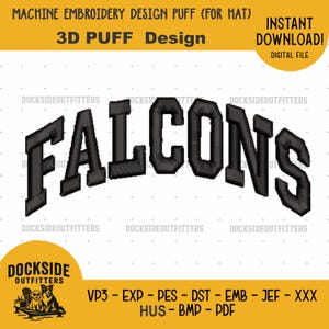 Può includere: Un disegno digitale per ricamo a macchina che presenta la parola FALCONS in un carattere 3D nero, audace e arcuato. Il testo è posto su uno sfondo bianco con una griglia di punti grigio chiaro e la filigrana ripetuta DOCKSIDEOUTFITTERS.