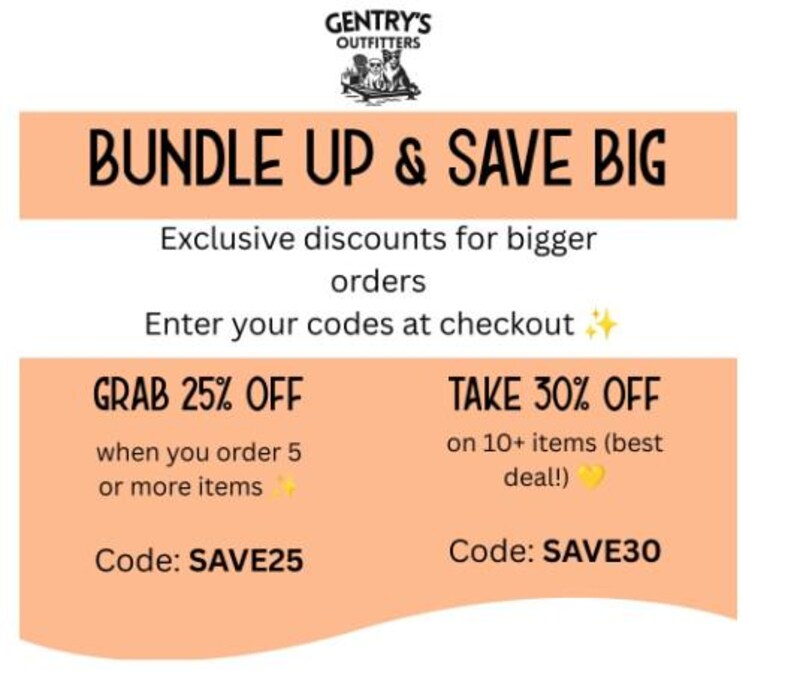 May include: An advertisement with the text "BUNDLE UP & SAVE BIG" in bold letters. It offers exclusive discounts for larger orders. The ad includes codes SAVE25 for 25% off and SAVE30 for 30% off.