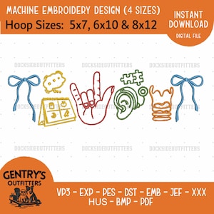 May include: A machine embroidery design featuring a blue bow, a yellow speech bubble, a yellow calendar, a red I love you hand sign, a green puzzle piece, a green hearing aid, an orange larynx, and a blue bow with text DOCKSIDEOUTFITTERS.