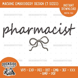 Pharmacist Script Bow Embroidery Design, RX Medical Stitch File Bundle Sizes 10.5 9 7 Inch