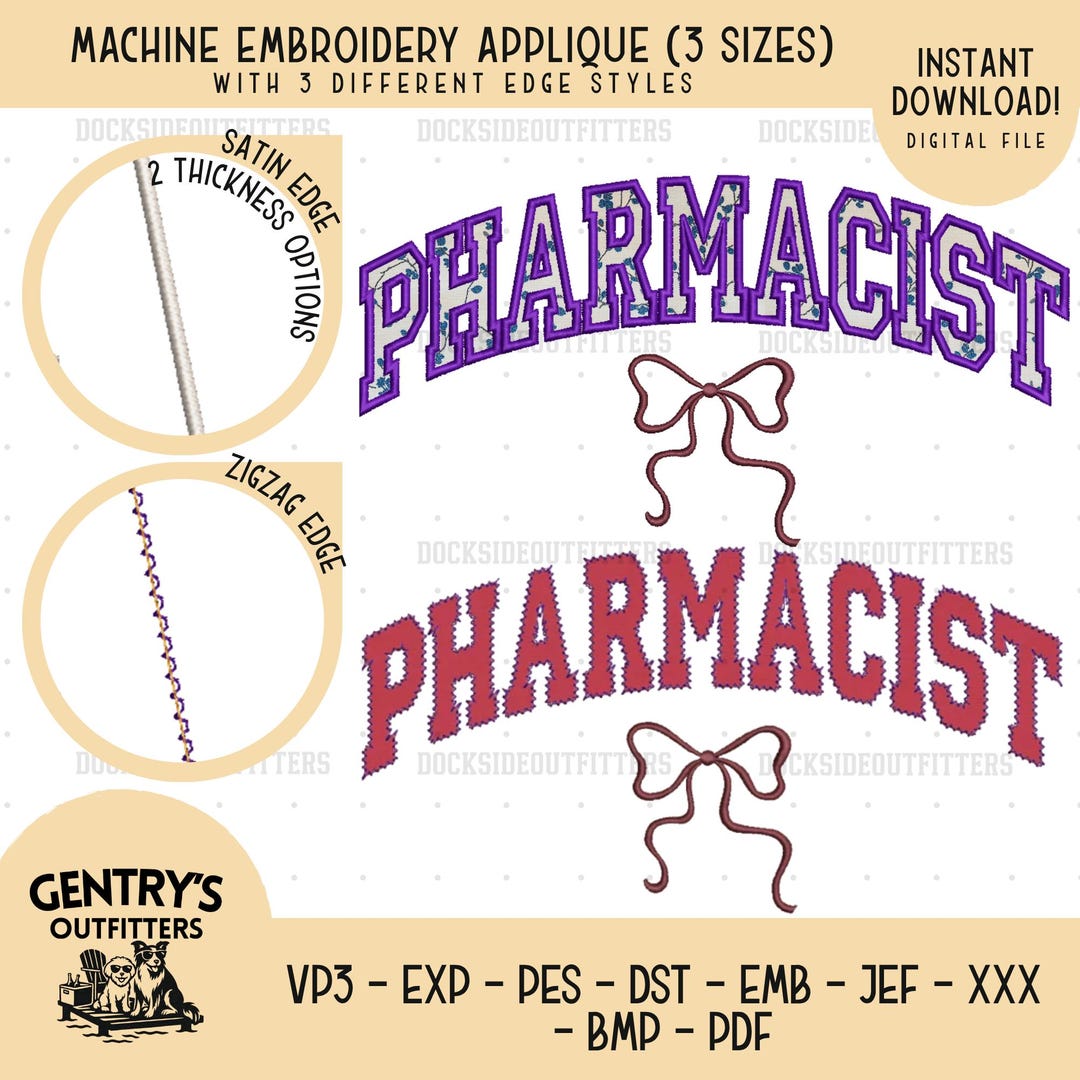 Pharmacist Bow Applique Embroidery Design, RX Stitch File (digital ...