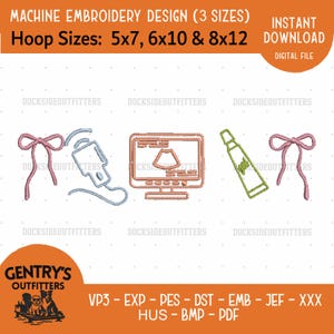 Pode incluir: Um design digital de bordado à máquina com dois laços cor-de-rosa, uma sonda de ultrassom azul, um monitor de ultrassom cor de pêssego com imagem fetal e um tubo de gel verde. O texto inclui MACHINE EMBROIDERY DESIGN (3 SIZES) Hoop Sizes: 5x7, 6x10 & 8x12, INSTANT DOWNLOAD, DIGITAL FILE e formatos VP3, EXP, PES, DST, EMB, JEF, XXX, HUS, BMP, PDF.