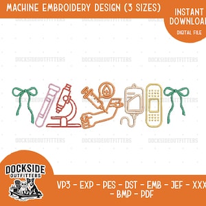 Disegno da ricamo per flebotomo con fiocco, file di punti per professionisti medici, pacchetto di modelli da ricamo per infermieri