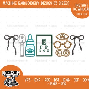 Ophthalmology Icons Embroidery Design with Bow, Optometrist Stitch File Optometry Bundle Instant Download