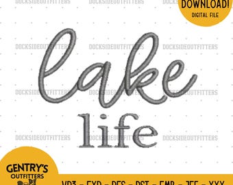 May include: A machine embroidery design file for a hat featuring the text "lake life" in a grey, rounded script font. The image includes the text "MACHINE EMBROIDERY DESIGN (FOR HAT)", "INSTANT DOWNLOAD!", "DIGITAL FILE", and file formats VP3, EXP, PES, DST, EMB, JEF, XXX, BMP, PDF.
