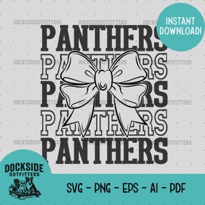 a graphic design featuring a large bow and the word "Panthers" written in a stylized font.