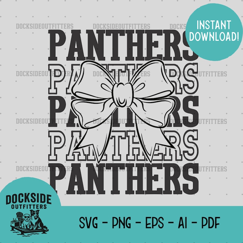 a graphic design featuring a large bow and the word "Panthers" written in a stylized font.