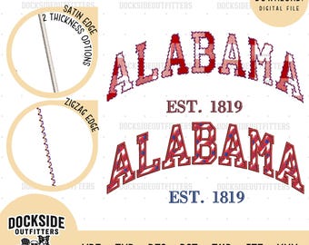 Alabama Applique Embroidery Collegiate Font Design, Zig Zag and Satin Edge Instant Download in 3 Sizes