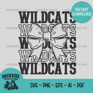Puede incluir: Diseño gráfico en blanco y negro con la palabra "WILDCATS" repetida varias veces y un gran lazo en el centro. Un círculo turquesa contiene el texto "INSTANT DOWNLOAD!". La parte inferior de la imagen incluye el texto "SVG - PNG - EPS - AI - PDF".