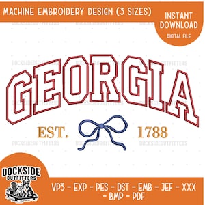 State of Georgia Embroidery Bow Design, Collegiate Digital Stitch File Bundle 3 Sizes