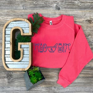 a pink sweater with blue text, a wooden letter 'G', a potted plant, and a decorative metal letter 'G' on a wooden surface.
