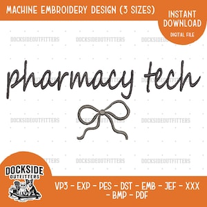 Pharmacy Tech Script Bow Embroidery Design, RX Tech Stitch File Bundle Sizes 10.5 9 7 Inch
