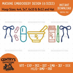 Stickdatei für Apotheken-Stickerei, „Coquette Bow“ (Symbol für Apotheker/Techniker), Sofort-Download-Paket