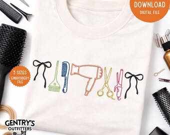 Kapper borduurontwerp, strikaccentsteekpatroon, salonpictogrammen borduurbestand direct downloaden