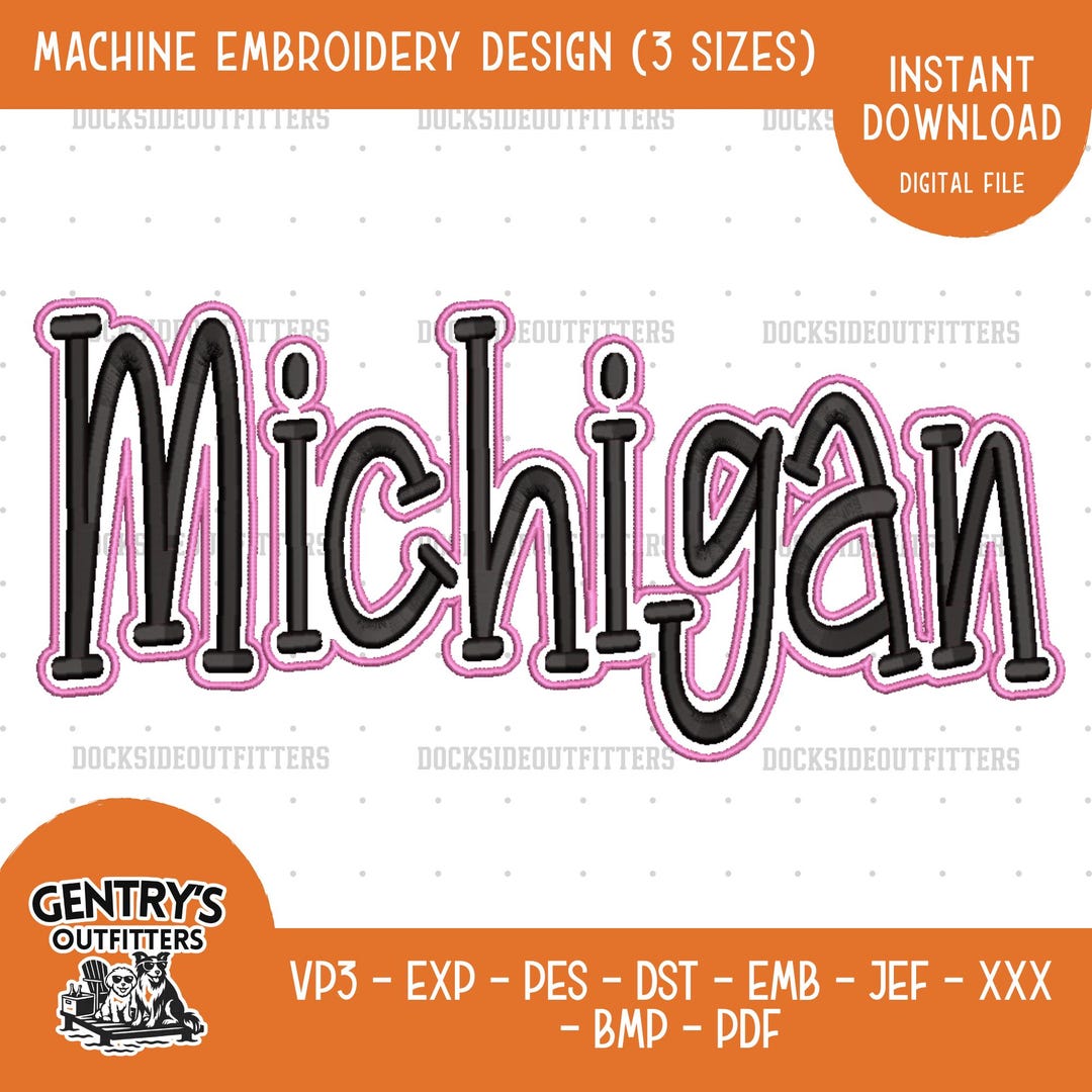 Michgan Lettering Michigan 3D Puff Embroidery Design, 3D Puff Lettering, Satin Stitch ...