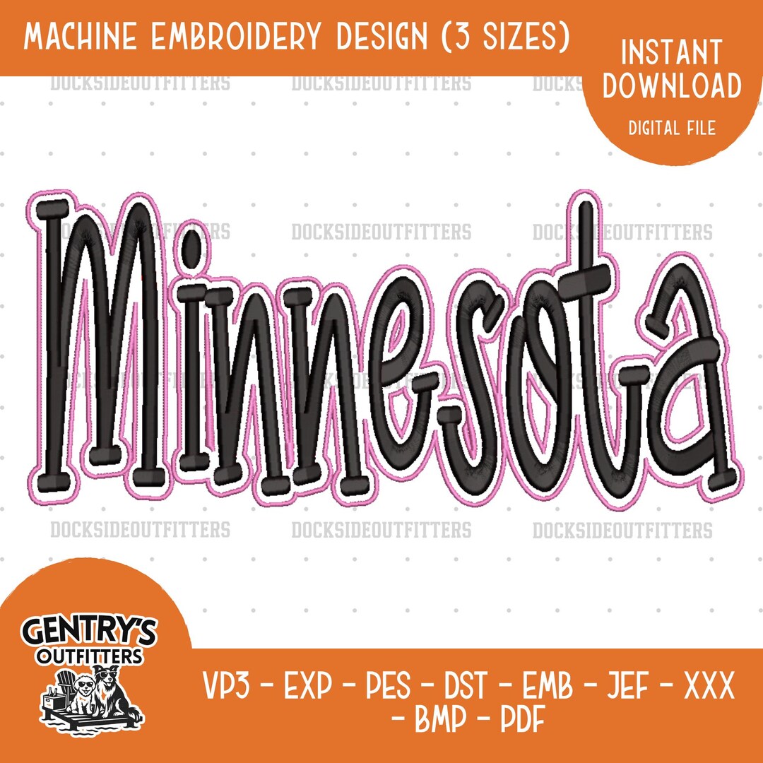 Minnesota Lettering Minnesota 3D Puff Embroidery Design, 3D Puff Lettering, Satin Stitch ...