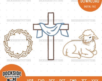 Crown Cross Lamb Easter Embroidery Design, Christian Religious Stitch File, Bundle Sizes, Instant Download