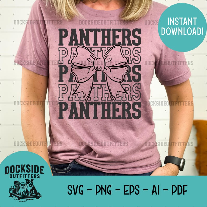 The image is a pink t-shirt with the text "Panthers" printed on it, along with a bow design.