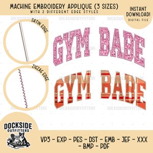 Gym Babe stoffen borduurontwerp, machinesteekbestand satijnen rand, bundelmaten direct downloaden