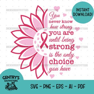 Op de afbeelding: Een digitale afbeelding met een halve roze zonnebloem en een lint voor borstkankerbewustzijn in het midden. De tekst luidt: You never know how strong you are until being strong is the only choice you have. Kleine roze hartjes omringen de tekst.