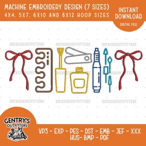 May include: A machine embroidery design featuring two red bows, a brown toe separator, a yellow nail polish bottle and brush, grey nail clippers, a blue nail file, and small blue tools. Text includes MACHINE EMBROIDERY DESIGN (7 SIZES) and file formats.