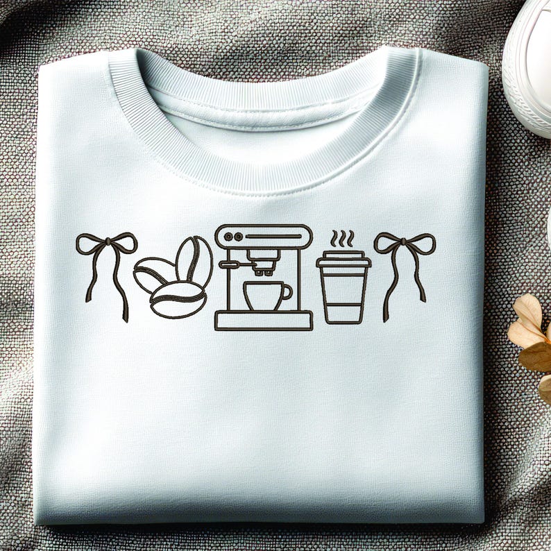 May include: White sweatshirt with a black line drawing of coffee-related items. The design includes coffee beans, a coffee maker, a to-go coffee cup, and two bow accents. The sweatshirt is folded neatly on a gray surface.