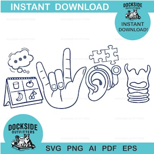 May include: A black and white line drawing with the words "INSTANT DOWNLOAD" at the top. The image includes a hand gesture, an ear, a speech bubble, a calendar, and a puzzle piece. The bottom of the image has the words "SVG PNG AI PDF EPS".