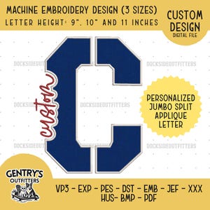 May include: A navy blue split letter C machine embroidery design with a white border. The text reads: MACHINE EMBROIDERY DESIGN (3 SIZES) LETTER HEIGHT: 9", 10" AND 11 INCHES, CUSTOM DESIGN DIGITAL FILE, PERSONALIZED JUMBO SPLIT APPLIQUE LETTER.