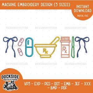 Apotheek boog borduurwerk ontwerp, apotheker tech pictogram steekbestand, medische borduurbundel direct downloaden