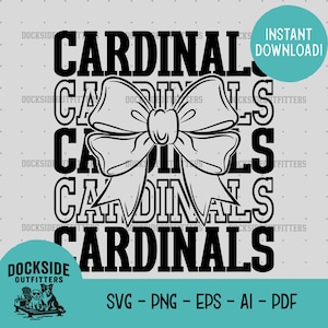 Puede incluir: Un diseño gráfico en blanco y negro con la palabra "CARDINALS" repetida verticalmente, con un gran lazo en el centro. El diseño incluye el texto "¡DESCARGA INSTANTÁNEA!" y "DOCKSIDE OUTFITTERS" con opciones de tipo de archivo: SVG, PNG, EPS, AI y PDF.